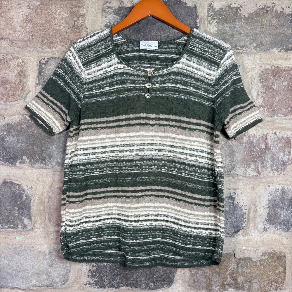 VTG Croft & Barrow Women's Large Green Striped‎ Short Sleeve Henley Sweater Top